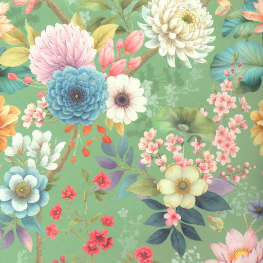Chinoiserie Flowers on Green Italian Paper ~ Kartos Italy